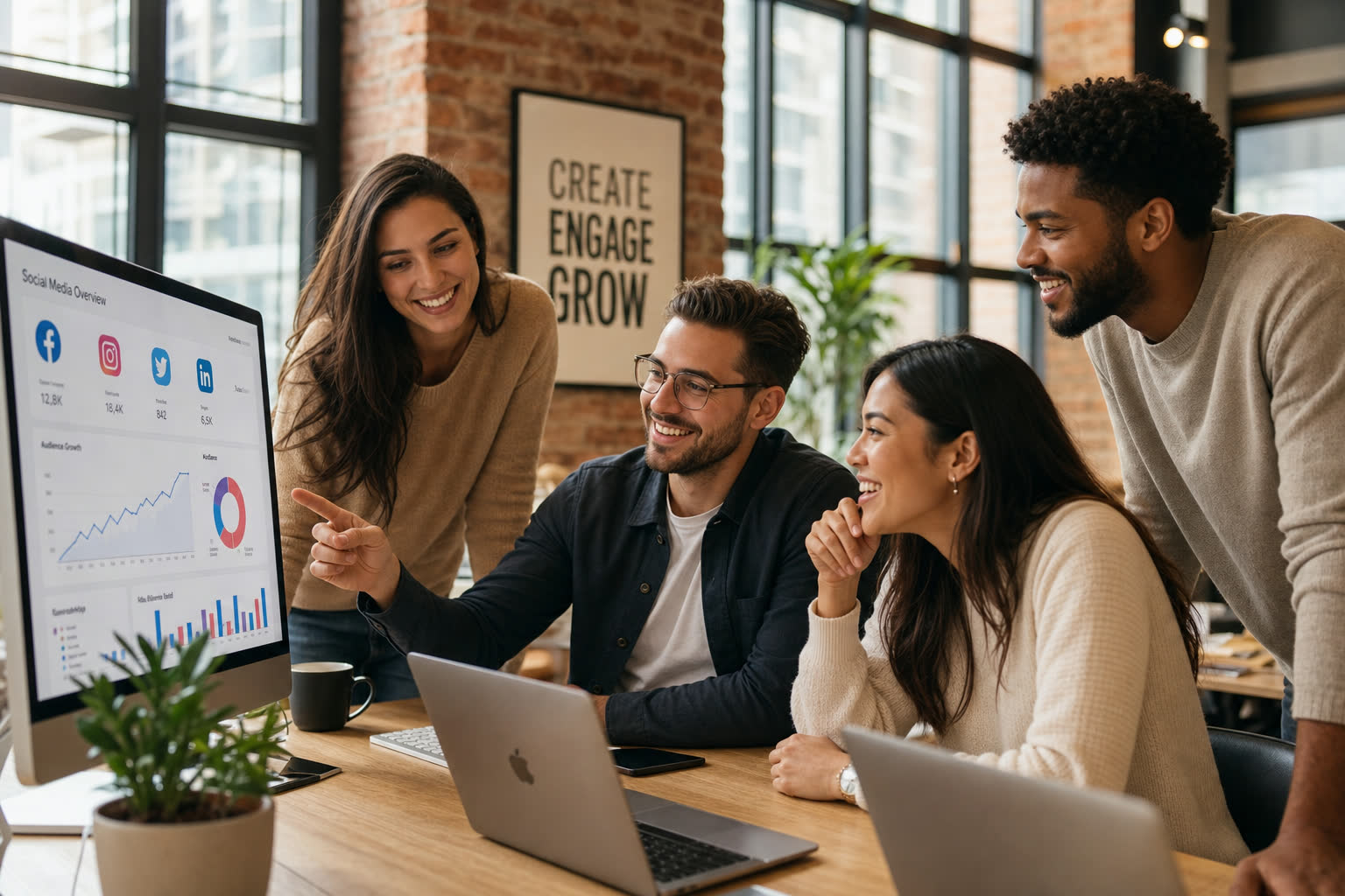 Wildfire Foundry team collaborating around a monitor showing social media analytics in a bright modern studio.